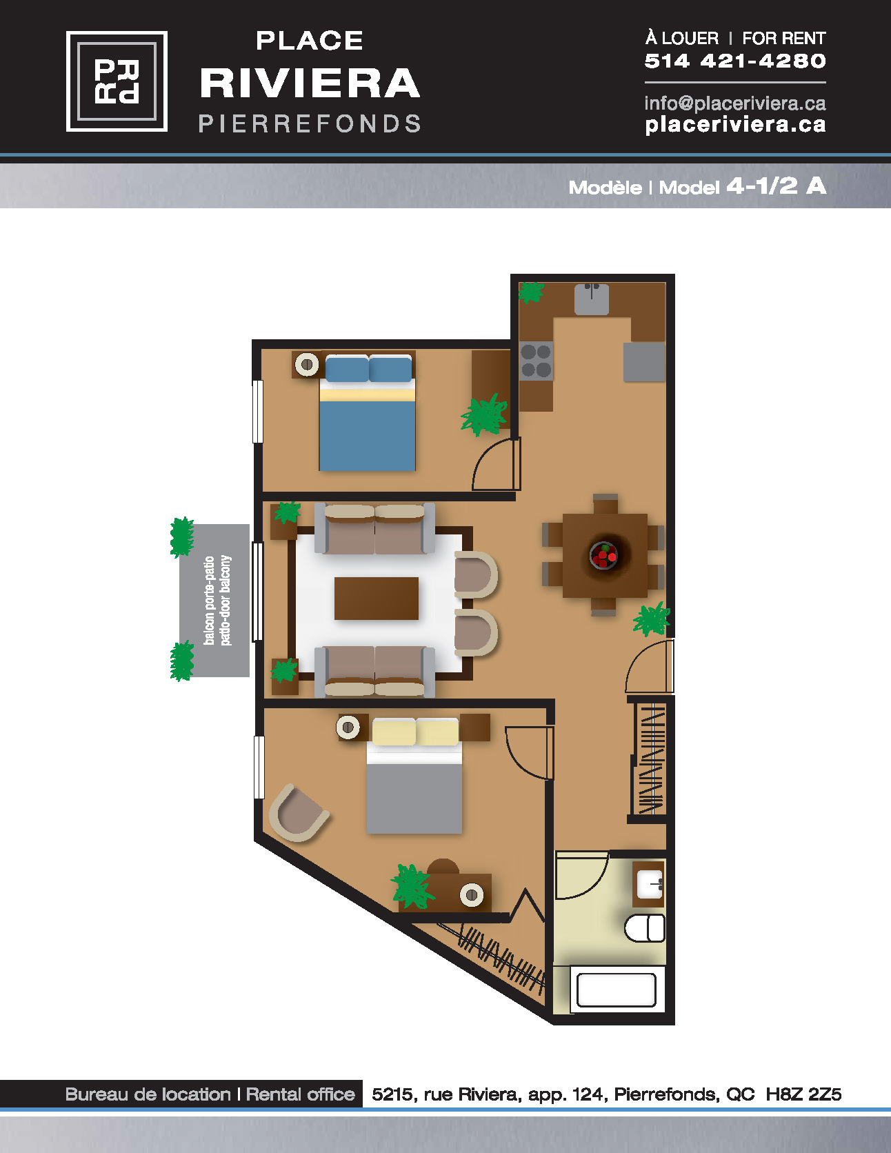 2 bedroom Apartments for rent in Pierrefonds-Roxboro at Place Riviera - Floorplan 01 - RentQuebecApartments – L35796